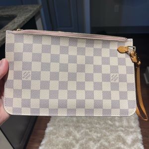 Authentic Louis Vuitton Damier Azur pochette with rose ballerine interior.